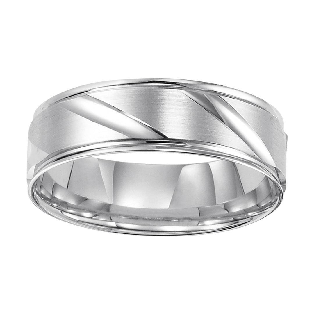 This Comfort Fit, wedding band features a flat, satin finish with modern, diagonal cuts and round edges for a unique look