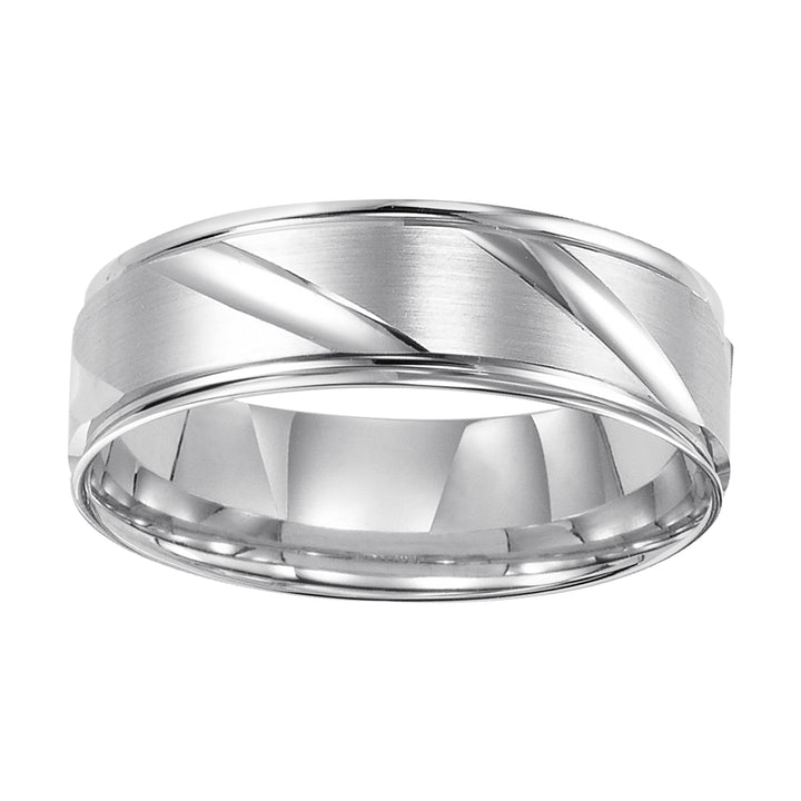 This Comfort Fit, wedding band features a flat, satin finish with modern, diagonal cuts and round edges for a unique look