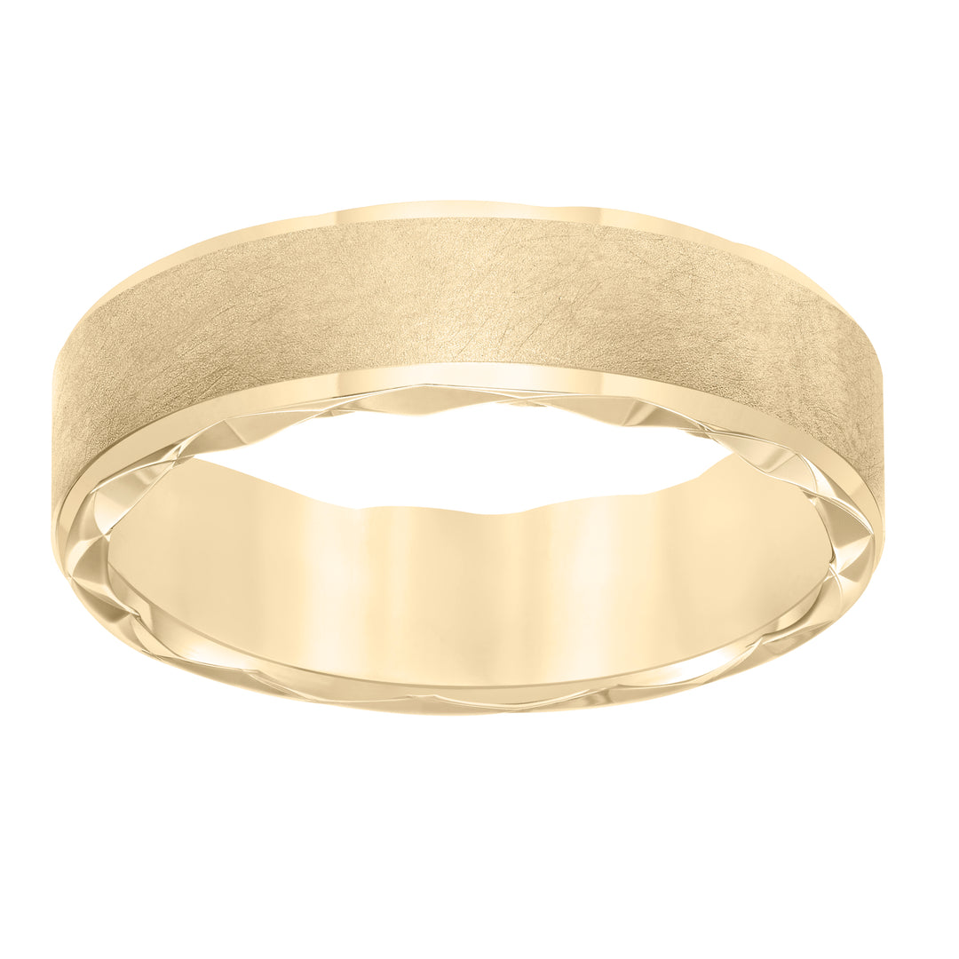 Mens wedding band with ultra satin finish bevel edge, side swiss cuts treatment and flat profile.