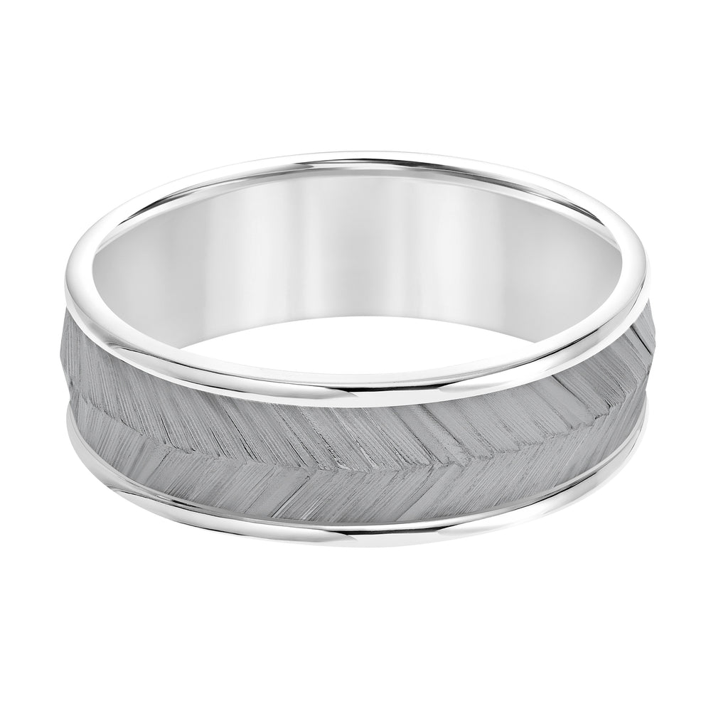 Mens Band with Black Rodium Center with Chevron Texture and Bright Round Edge