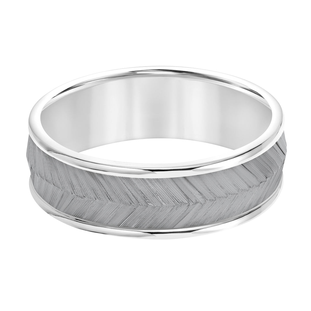 Mens Band with Black Rodium Center with Chevron Texture and Bright Round Edge