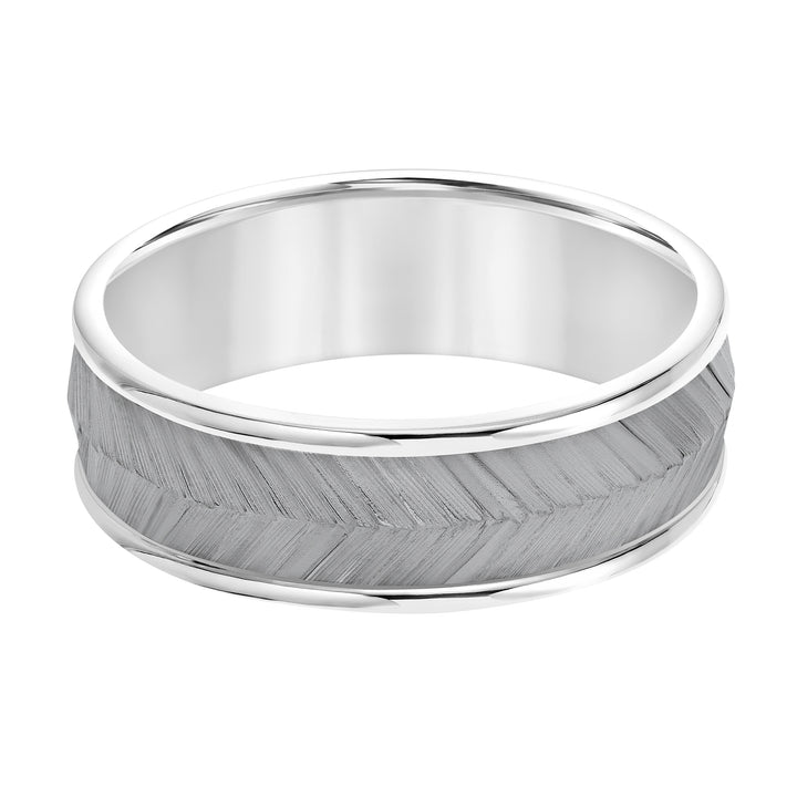 Mens Band with Black Rodium Center with Chevron Texture and Bright Round Edge