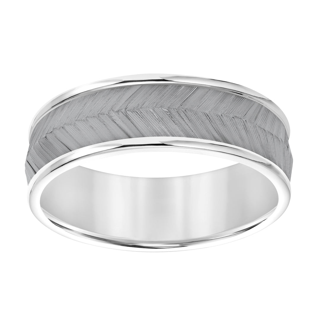 Mens Band with Black Rodium Center with Chevron Texture and Bright Round Edge