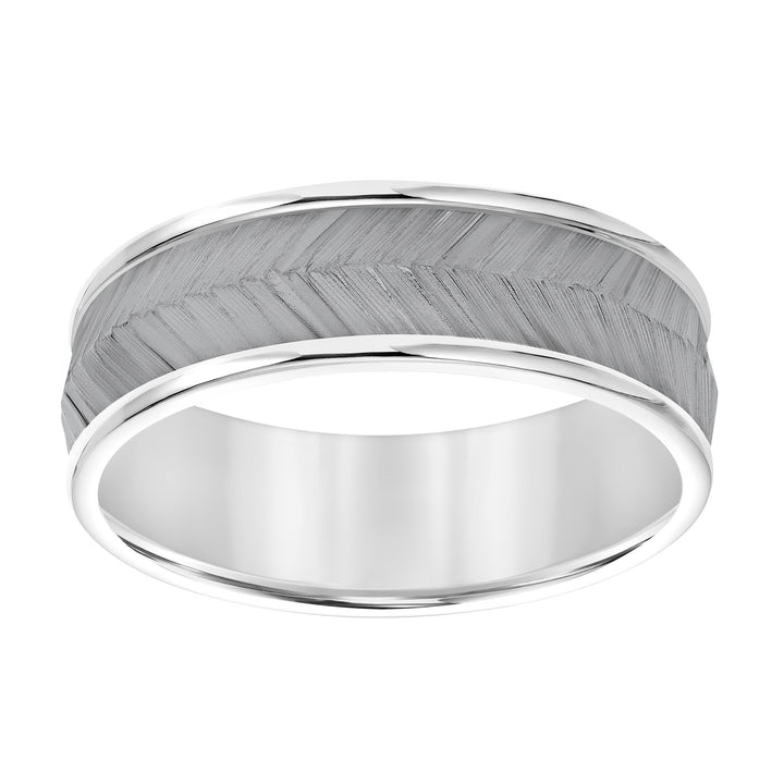 Mens Band with Black Rodium Center with Chevron Texture and Bright Round Edge