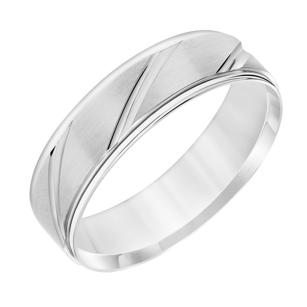 Mens Wedding Band with Brush Finish and Polished Diagional Cuts and Polished Round Edge
