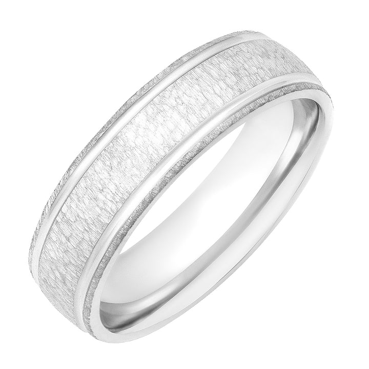 Mens Comfort Fit Wedding Band with Brush Stone Finish and Polished Side Lines