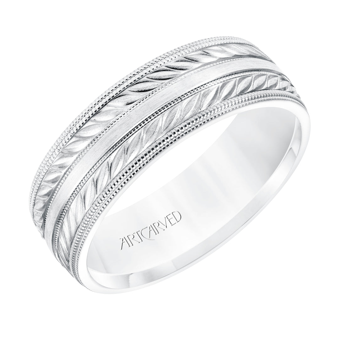 7MM Comfort Fit Wedding Band with a Wheat Motif and Milgrain Accent with Milgrain Edges