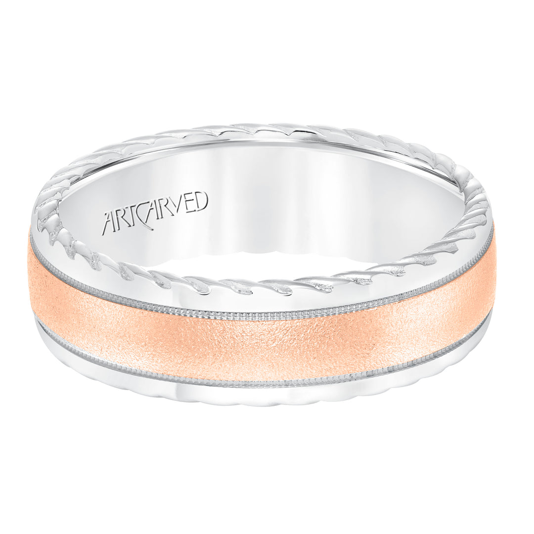 Mens wedding band with soft sand finish and round edge, rope treatment on the side with milgrain accent and low dome profile.