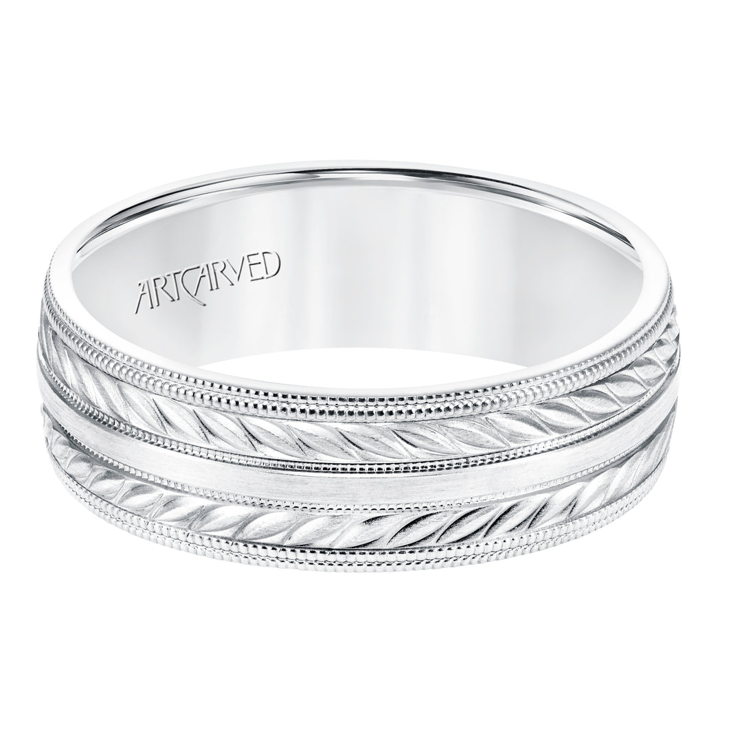 7MM Comfort Fit Wedding Band with a Wheat Motif and Milgrain Accent with Milgrain Edges