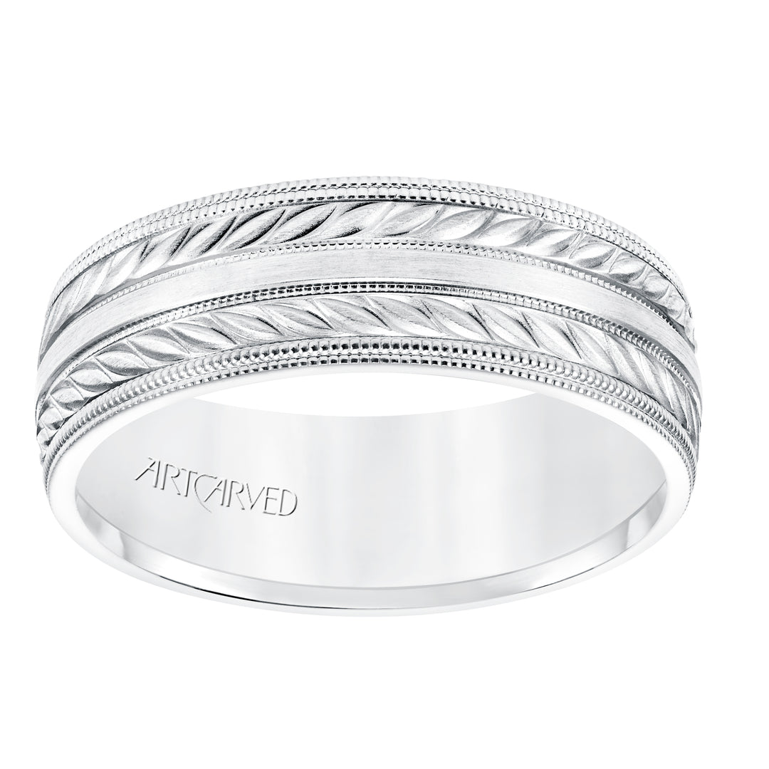 7MM Comfort Fit Wedding Band with a Wheat Motif and Milgrain Accent with Milgrain Edges