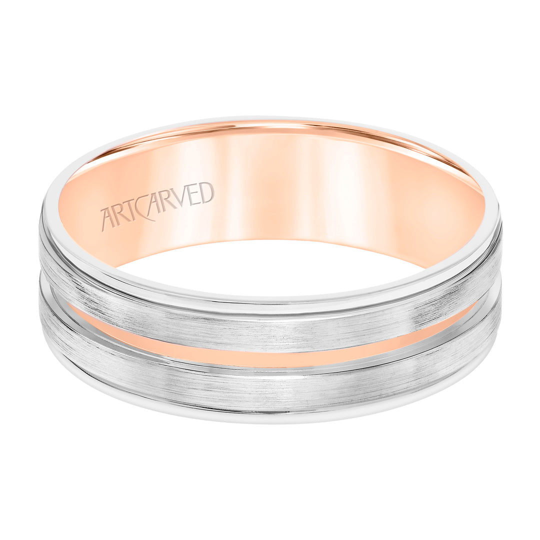 Mens Comfort Fit Wedding Band with White Gold Exterior with Brushed Finish and Polished Cut Center with Polished Round Edge and Rose Gold Interior