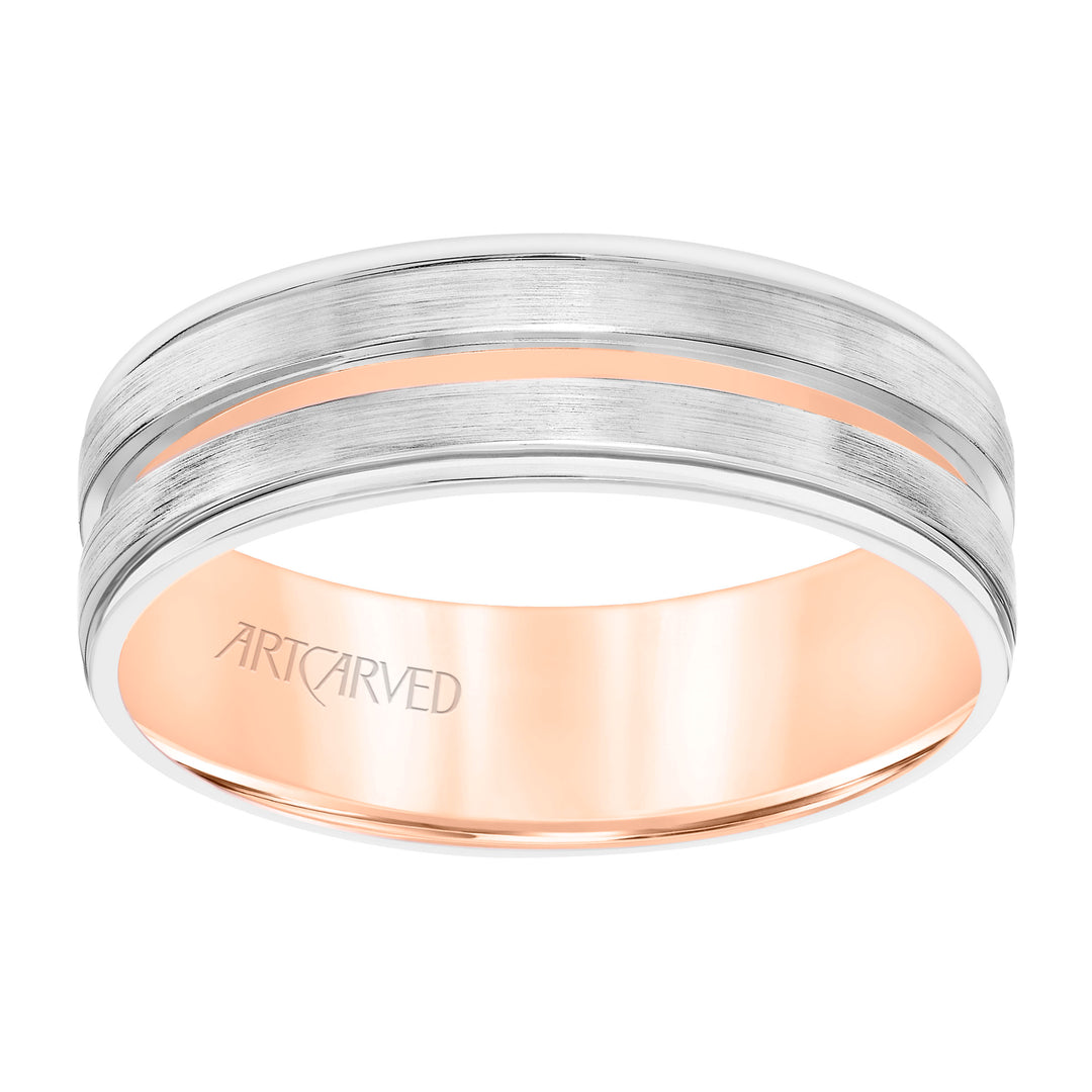 Mens Comfort Fit Wedding Band with White Gold Exterior with Brushed Finish and Polished Cut Center with Polished Round Edge and Rose Gold Interior
