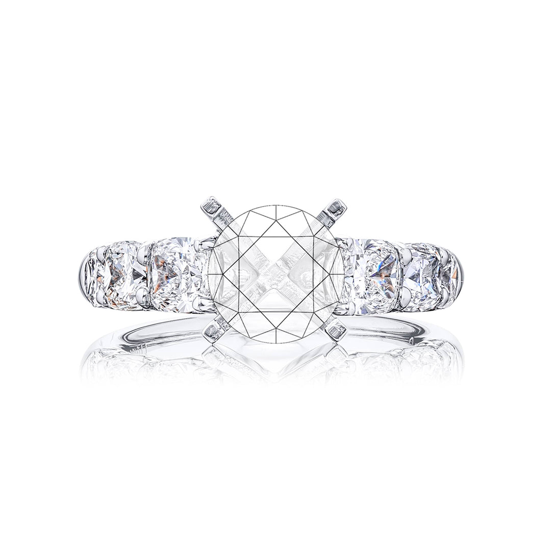 Stunning diamond semi-mount featuring 6 graduating cushion-cut diamonds in a shared prong setting. Handcrafted in pure platinum.