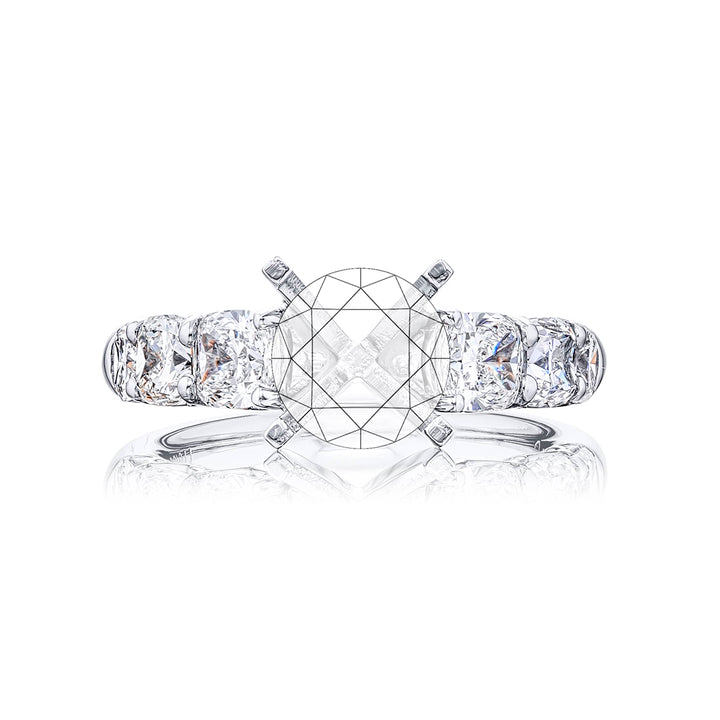 Stunning diamond semi-mount featuring 6 graduating cushion-cut diamonds in a shared prong setting. Handcrafted in pure platinum.