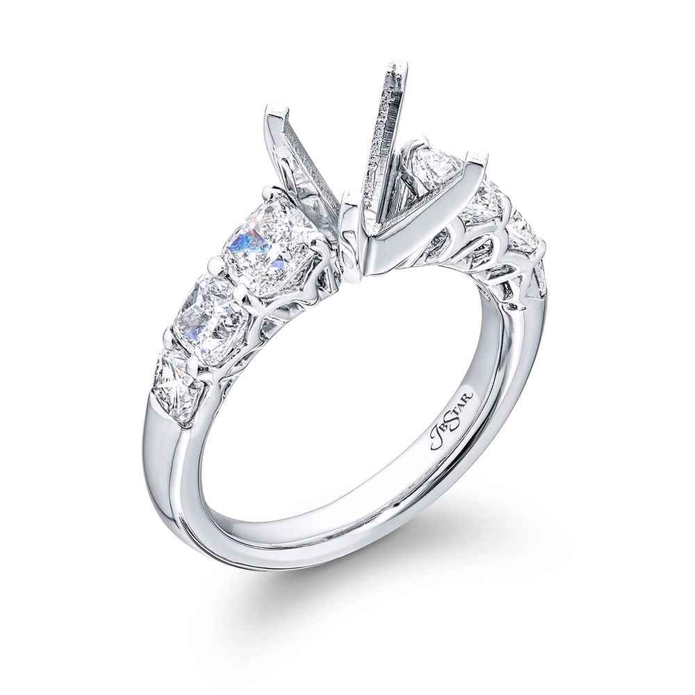 Stunning diamond semi-mount featuring 6 graduating cushion-cut diamonds in a shared prong setting. Handcrafted in pure platinum.