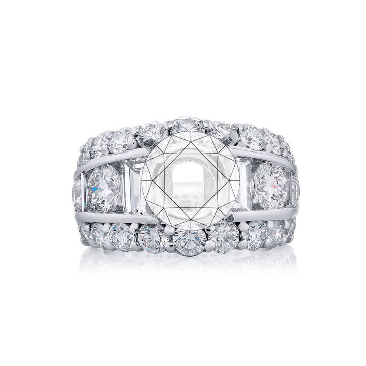 Dazzling Brilliance: Our timeless Three-Row Channel Diamond Semi-mount. These stunning straight baguette and round diamonds embraced by dazzling round diamonds are handcrafted in pure platinum.