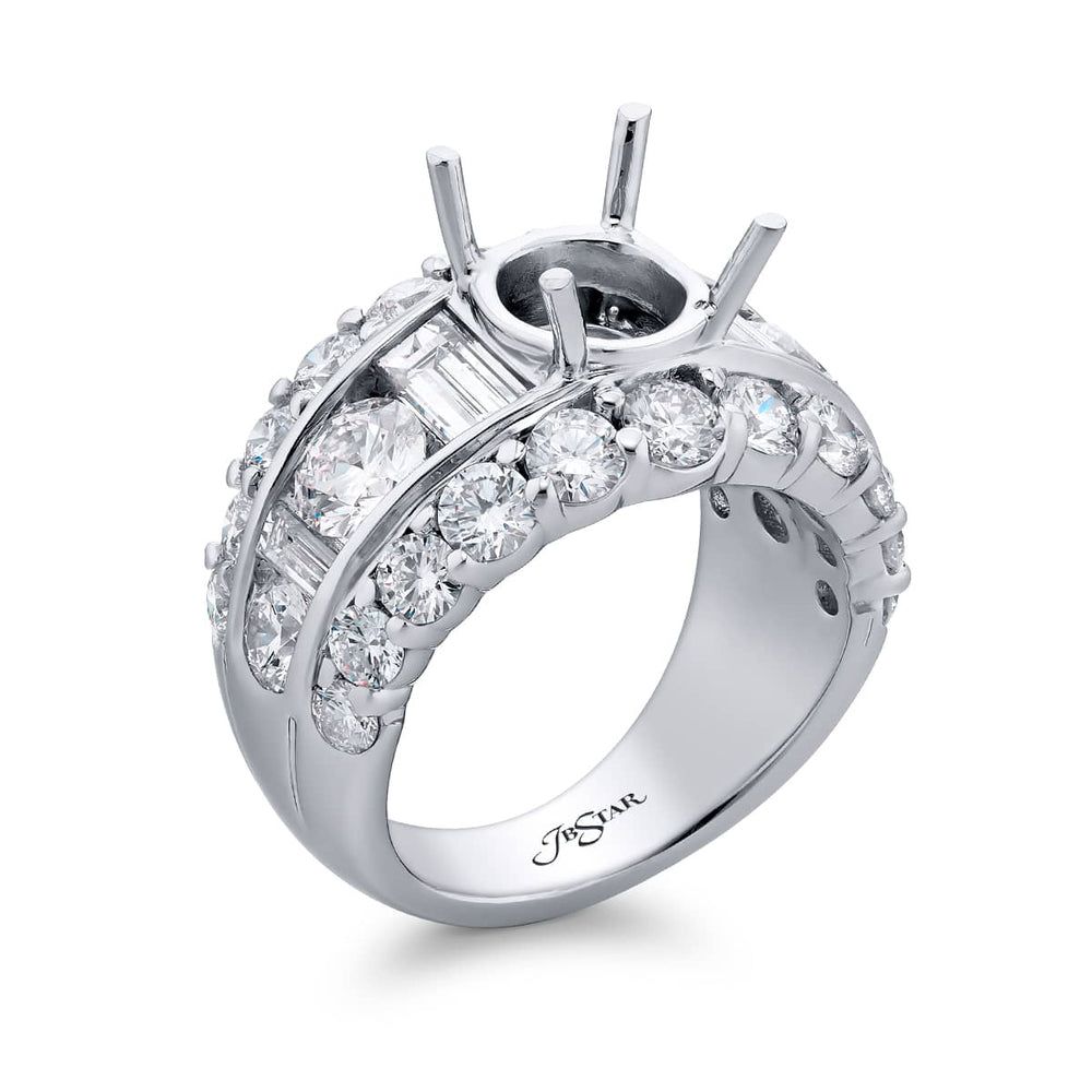 Dazzling Brilliance: Our timeless Three-Row Channel Diamond Semi-mount. These stunning straight baguette and round diamonds embraced by dazzling round diamonds are handcrafted in pure platinum.