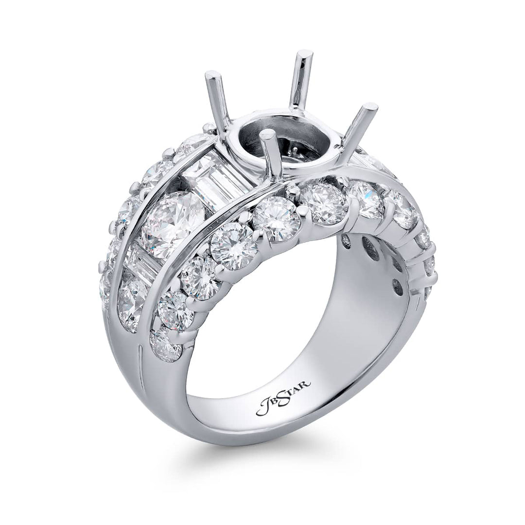 Dazzling Brilliance: Our timeless Three-Row Channel Diamond Semi-mount. These stunning straight baguette and round diamonds embraced by dazzling round diamonds are handcrafted in pure platinum.