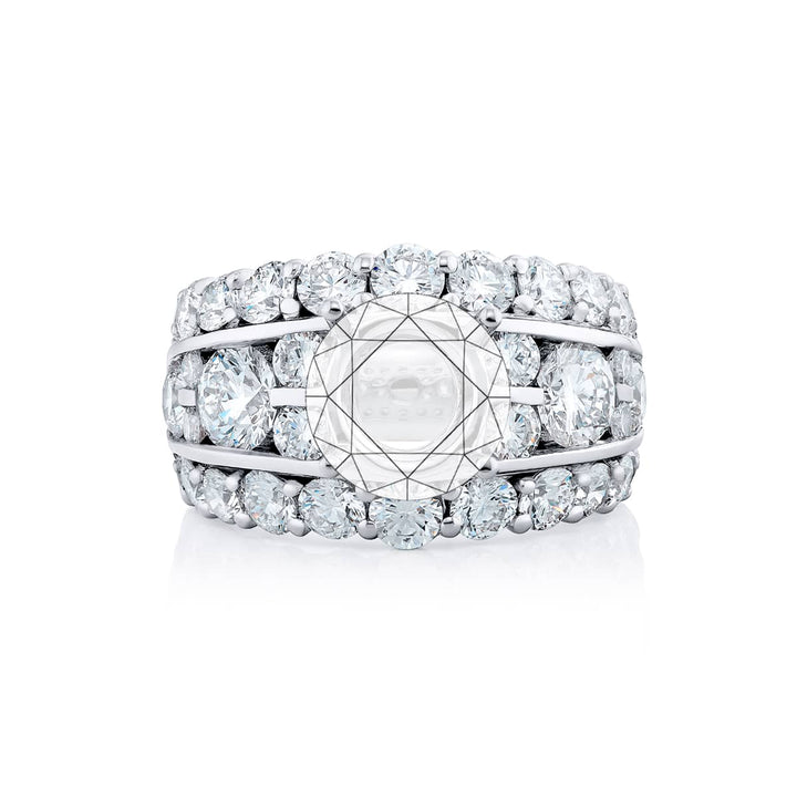 Dazzling Brilliance: Our timeless Three-Row Diamond Semi-mount. These stunning round diamonds embraced by dazzling round diamonds are handcrafted in pure platinum.