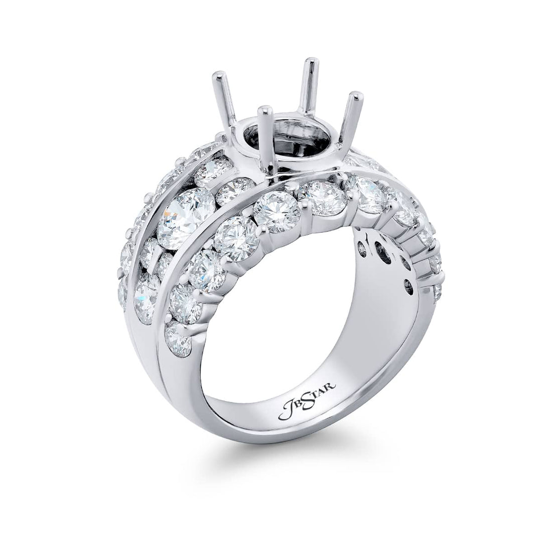 Dazzling Brilliance: Our timeless Three-Row Diamond Semi-mount. These stunning round diamonds embraced by dazzling round diamonds are handcrafted in pure platinum.