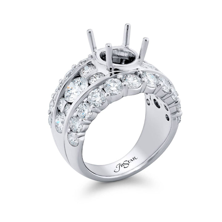 Dazzling Brilliance: Our timeless Three-Row Diamond Semi-mount. These stunning round diamonds embraced by dazzling round diamonds are handcrafted in pure platinum.