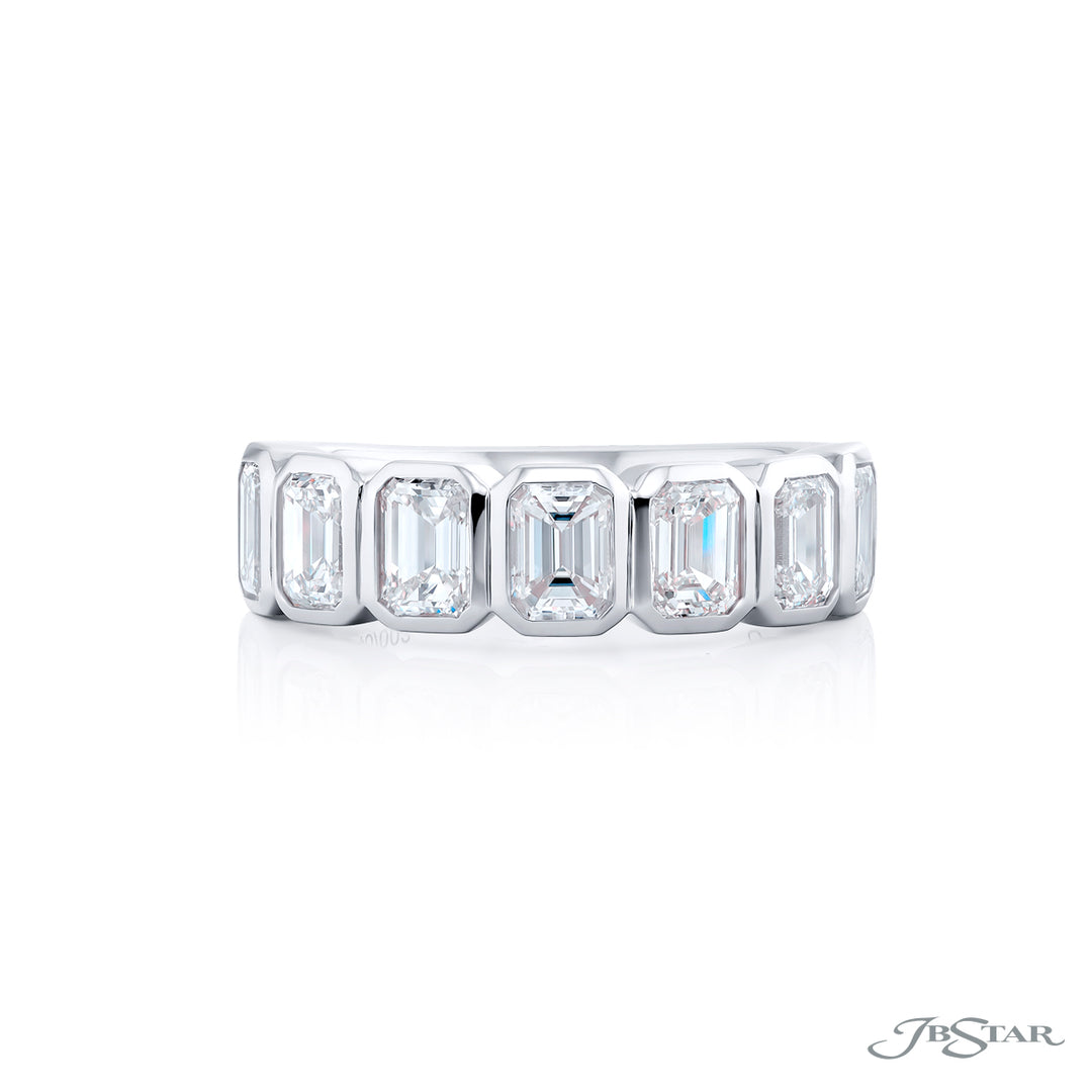 Elegance Elevated: Our signature 3.10 ctw. Bezel Diamond Band. These seven gorgeous emerald-cut diamonds are handcrafted in pure platinum.