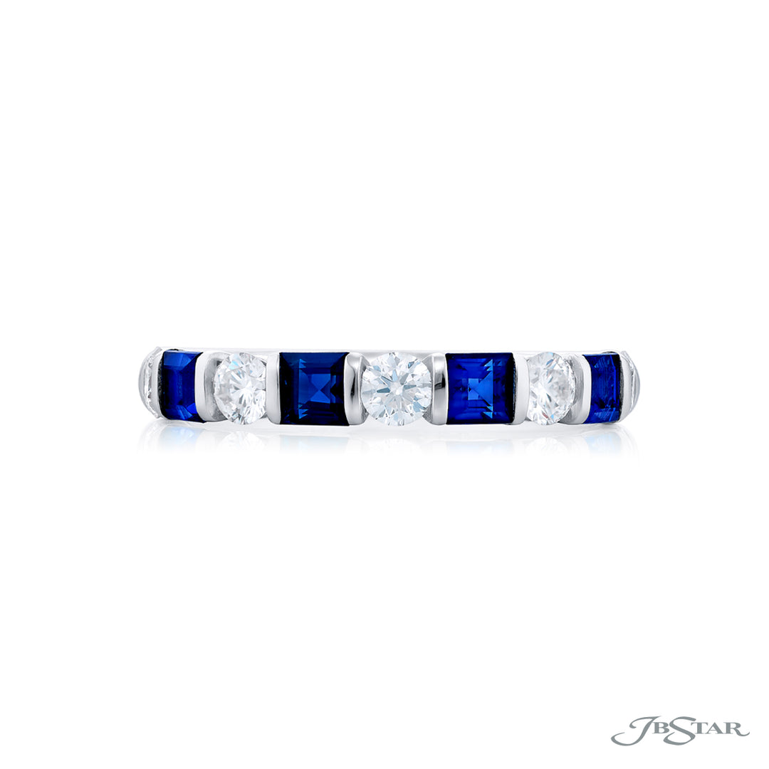 Elegance Elevated: Our classic single row East-West Bar Set Sapphire and Diamond Band. These stunning square emerald-cut sapphires accompany round diamonds and are handcrafted in pure platinum.