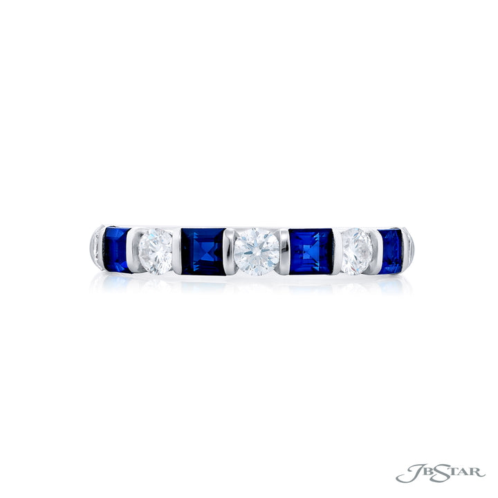Elegance Elevated: Our classic single row East-West Bar Set Sapphire and Diamond Band. These stunning square emerald-cut sapphires accompany round diamonds and are handcrafted in pure platinum.
