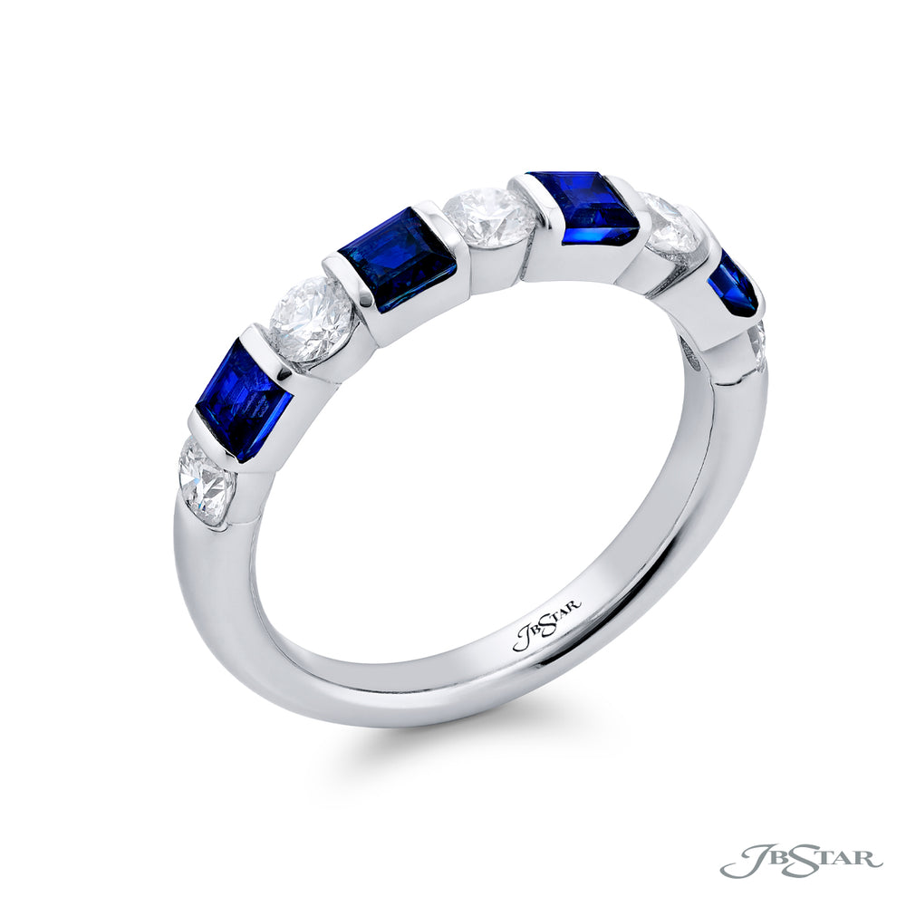 Elegance Elevated: Our classic single row East-West Bar Set Sapphire and Diamond Band. These stunning square emerald-cut sapphires accompany round diamonds and are handcrafted in pure platinum.