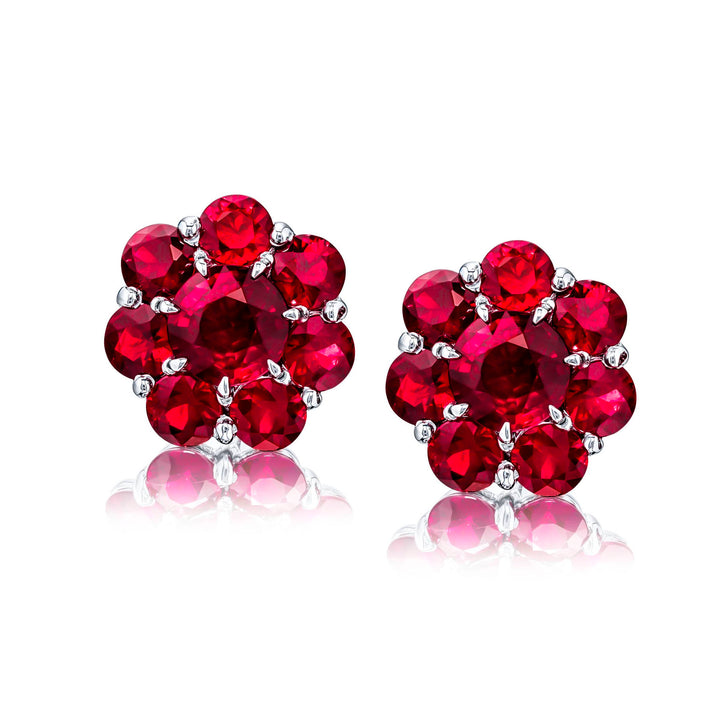 Platinum Round Ruby Floral Stud Earrings
