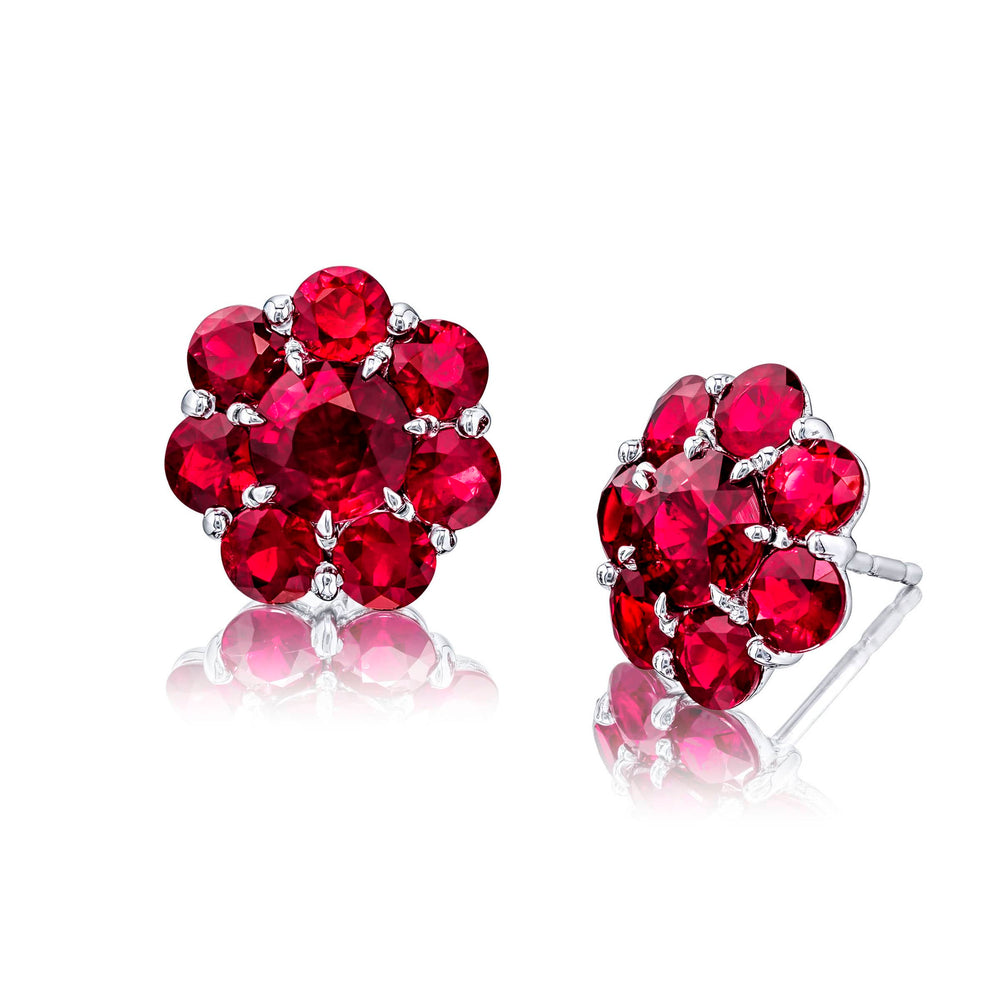 Platinum Round Ruby Floral Stud Earrings