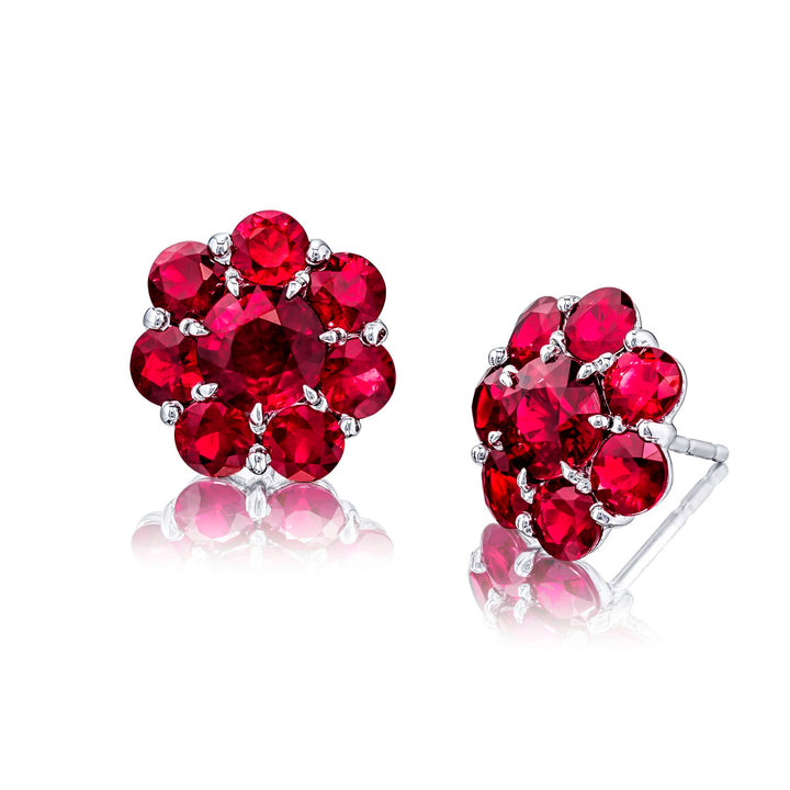 Platinum Round Ruby Floral Stud Earrings