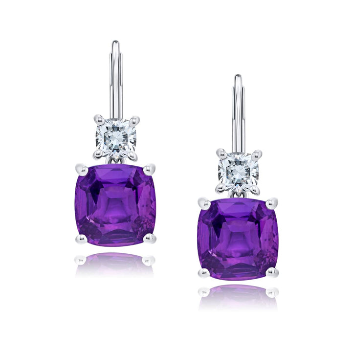 Platinum Cushion-Cut Purple Sapphire Certified Drop Earrings