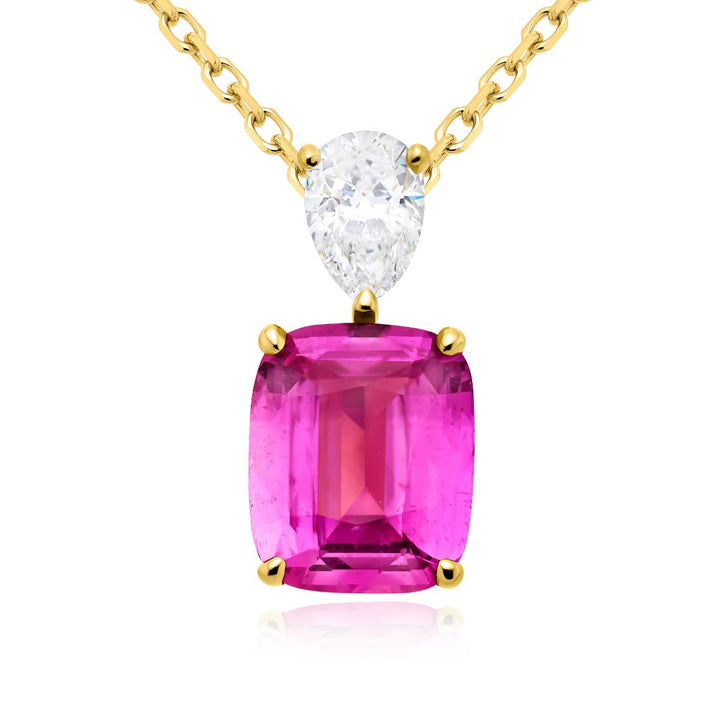 18K Yellow Gold Cushion-Cut Pink Sapphire and Pear-Shaped Diamond Certified Pendant