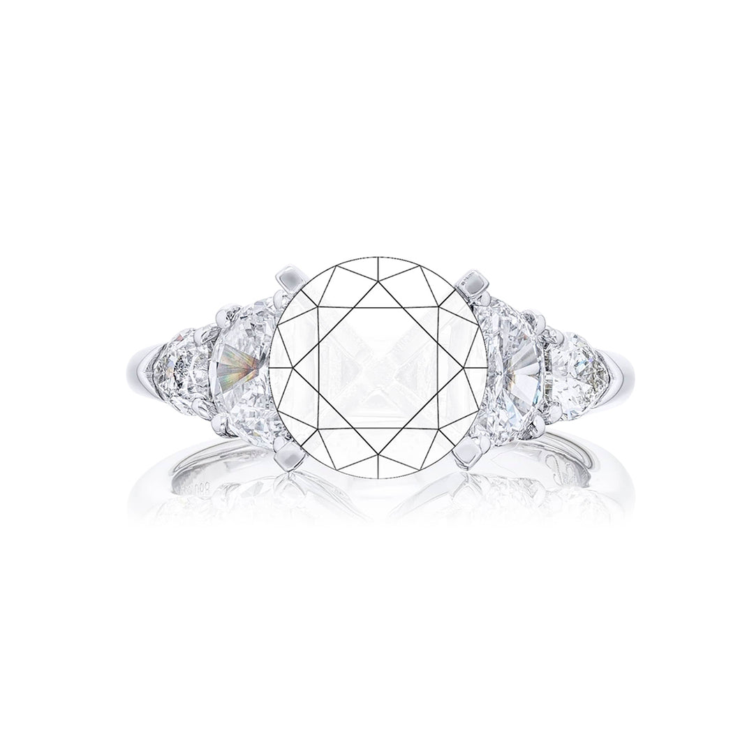 Dazzling Brilliance: Our timeless Diamond Semi-mount. These two half-moon diamonds accompanied by two beautiful shield diamonds are handcrafted in pure platinum.