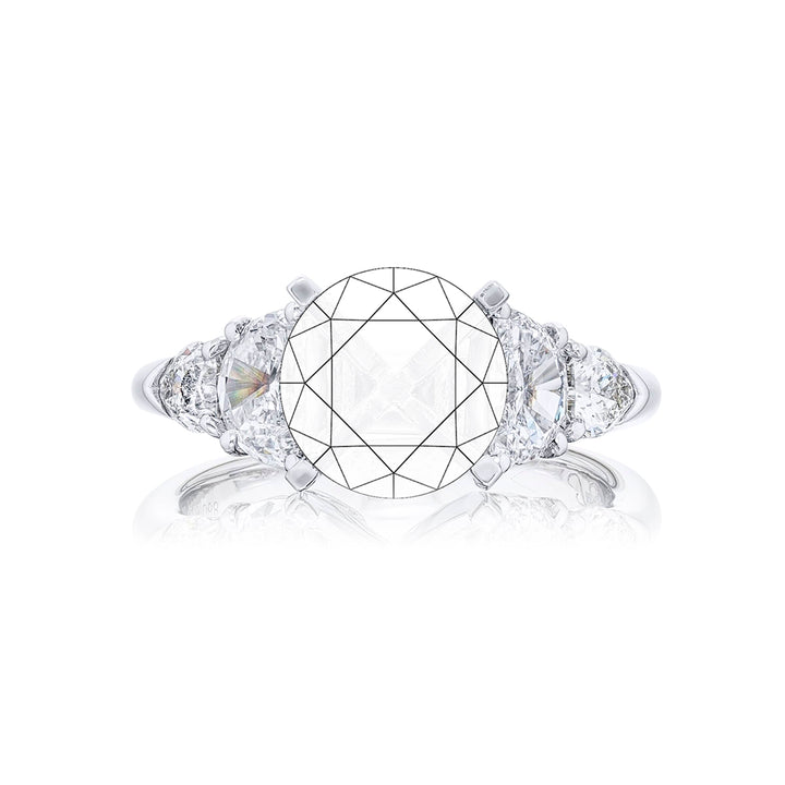 Dazzling Brilliance: Our timeless Diamond Semi-mount. These two half-moon diamonds accompanied by two beautiful shield diamonds are handcrafted in pure platinum.