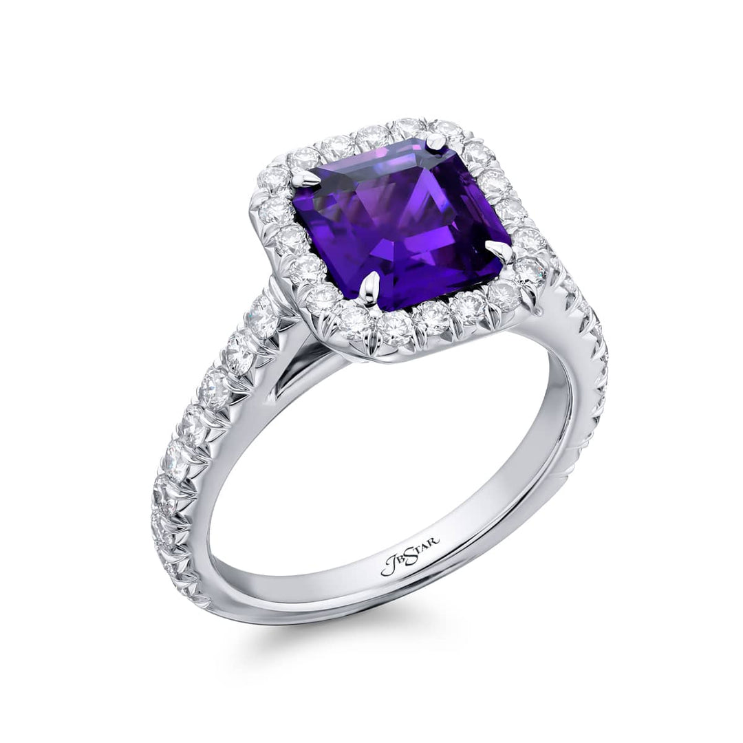 Platinum Square Emerald-Cut Purple Sapphire Micro Pave Ring