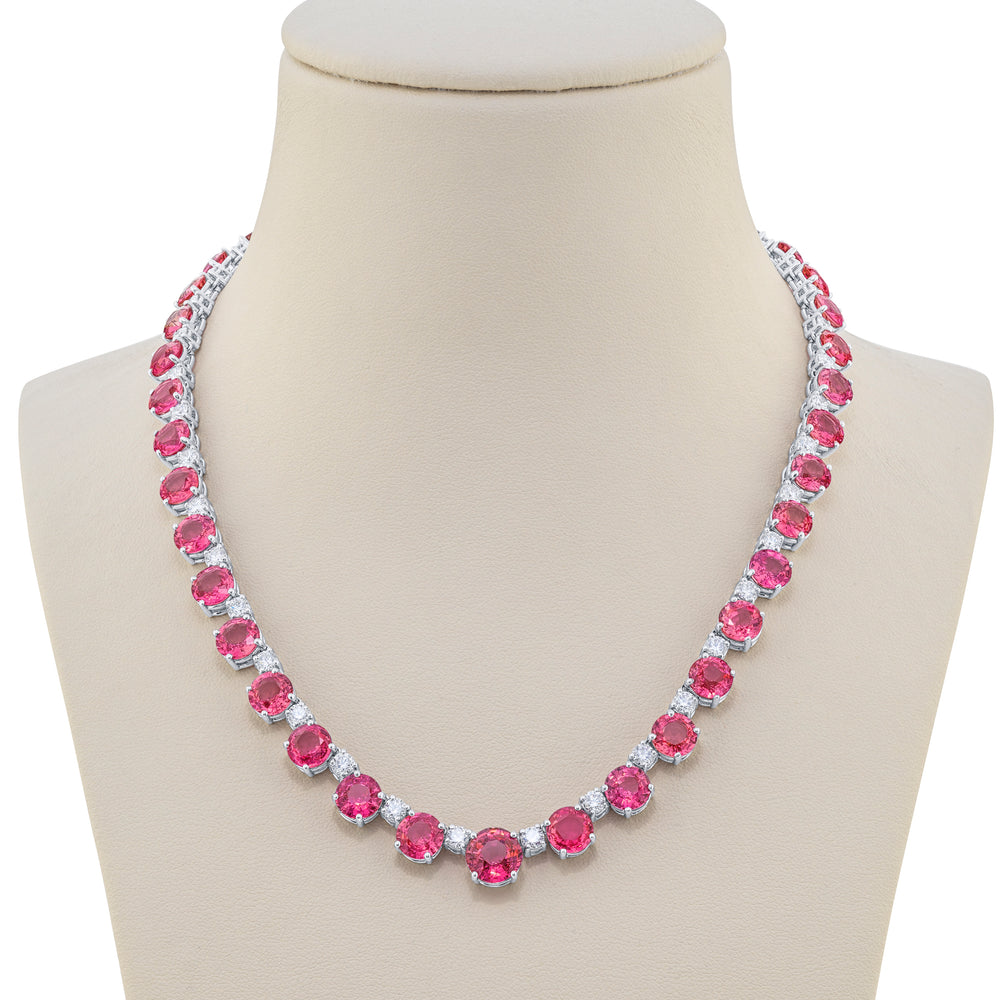 Platinum Round Pink Sapphire and Diamond Necklace