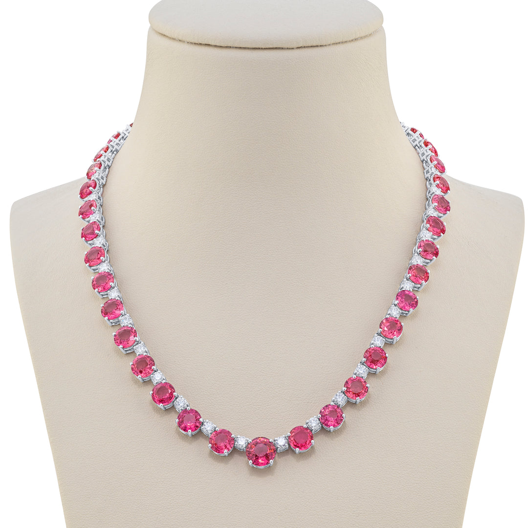 Platinum Round Pink Sapphire and Diamond Necklace