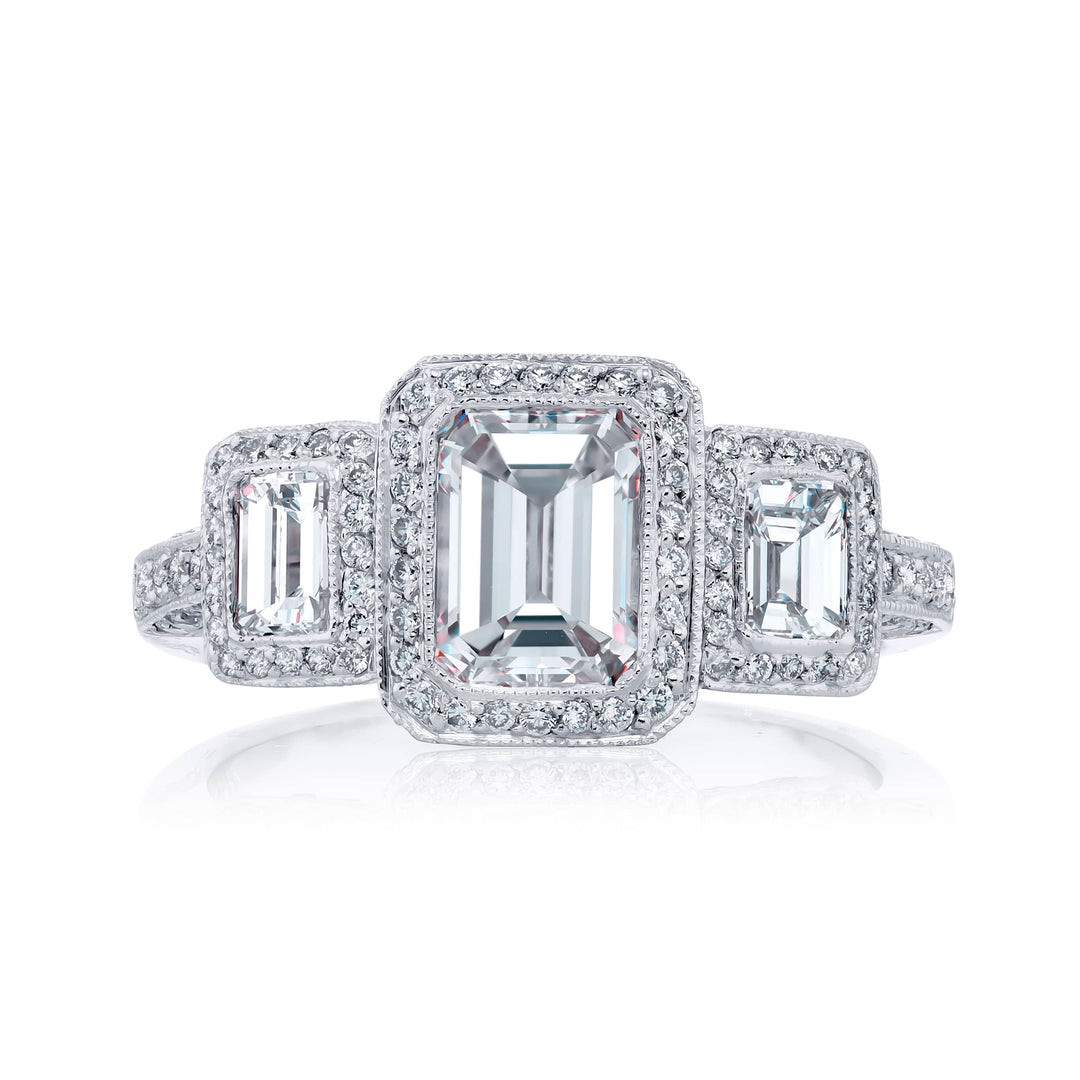 Platinum Emerald-Cut Diamond GIA Certified Micro Pave Ring
