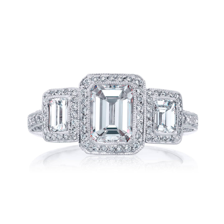 Platinum Emerald-Cut Diamond GIA Certified Micro Pave Ring