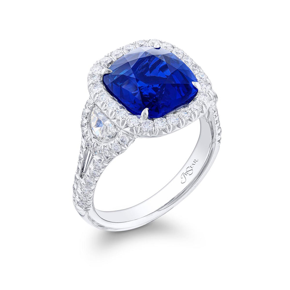 Platinum Cushion-Cut Sapphire and Diamond Halo Ring