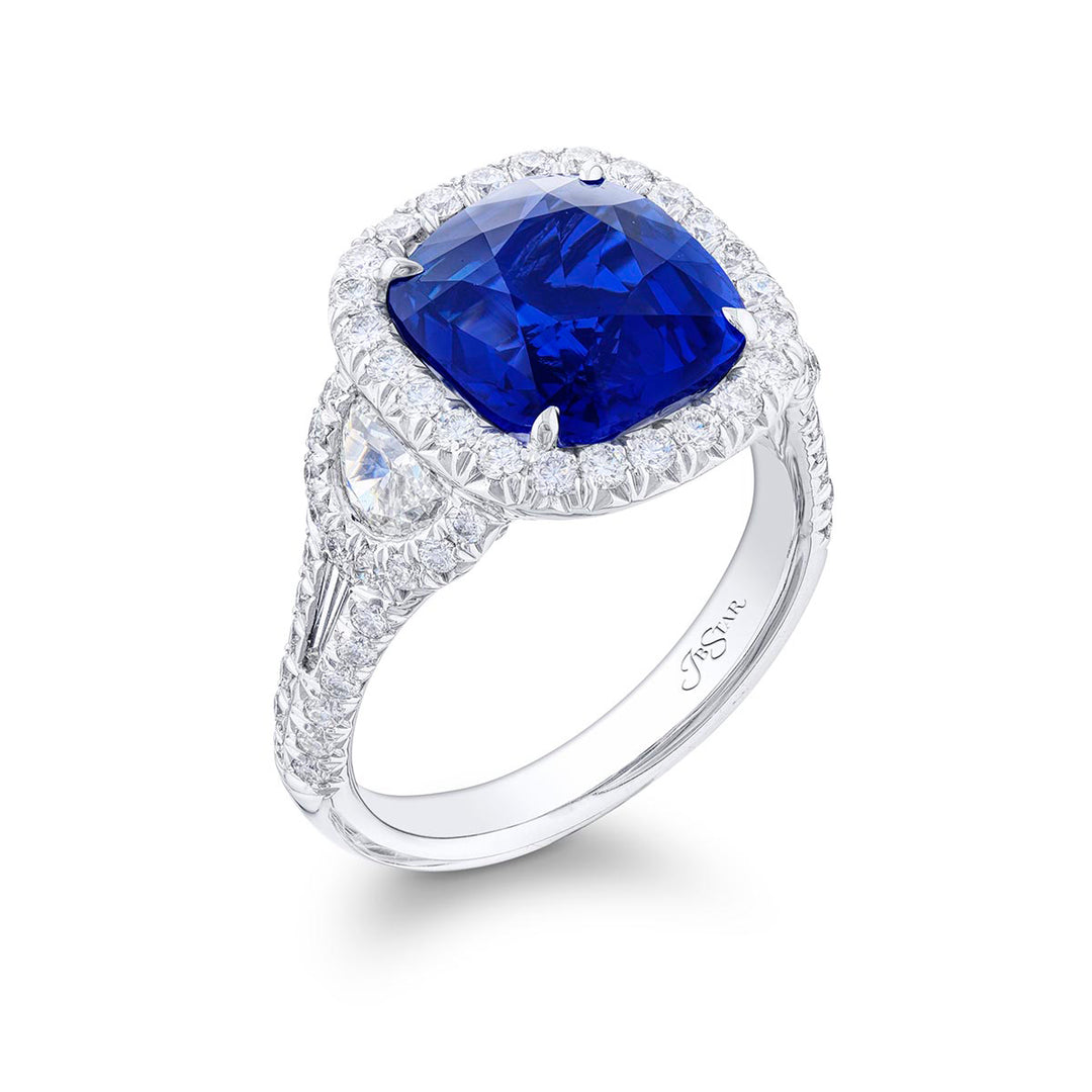 Platinum Cushion-Cut Sapphire and Diamond Halo Ring