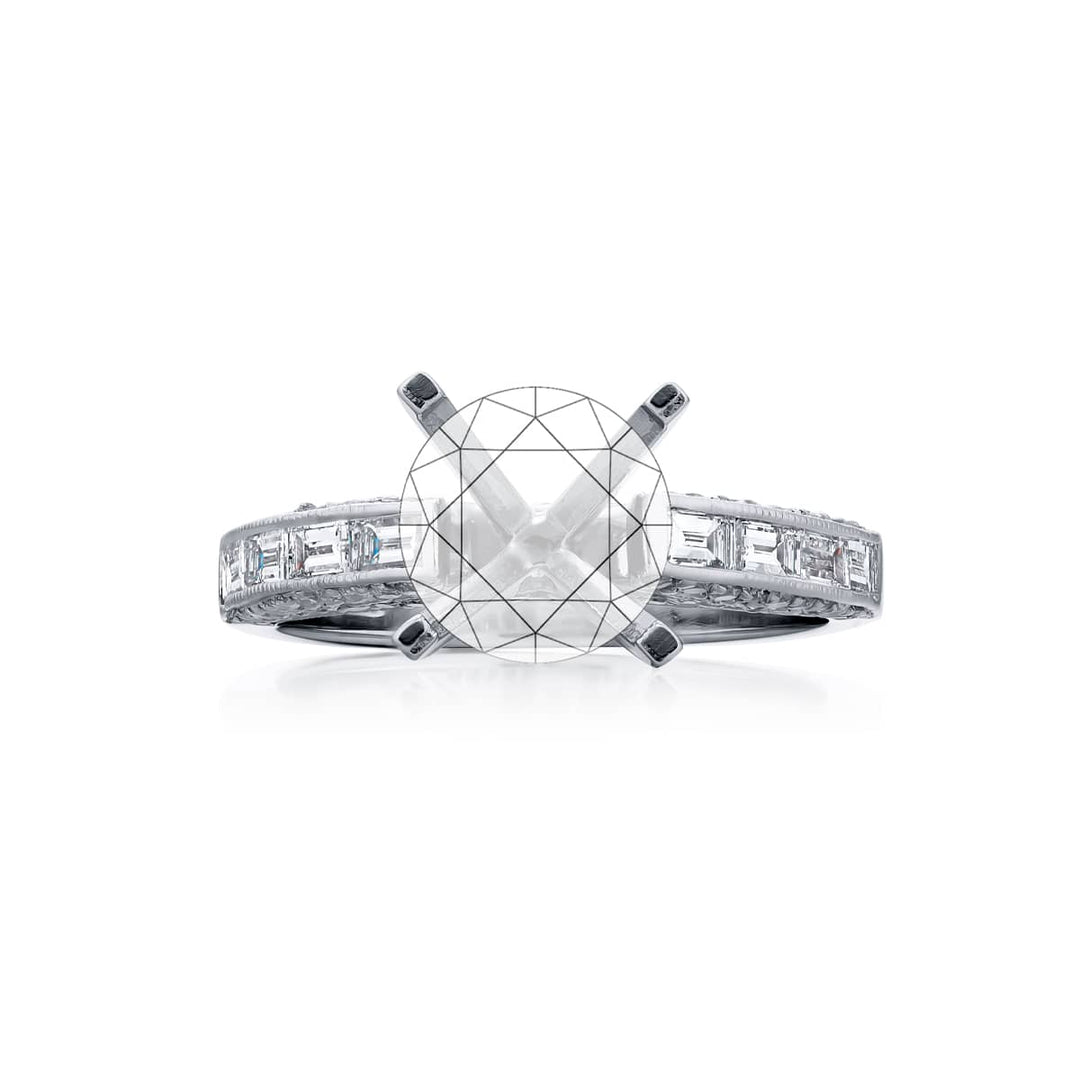 Dazzling Brilliance: Our stunning Diamond Semi-mount. These eight beautiful straight baguette diamonds are set in a channel set embraced by micro pave diamonds. All handcrafted in pure platinum.