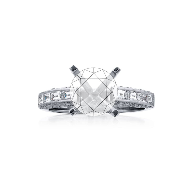 Dazzling Brilliance: Our stunning Diamond Semi-mount. These eight beautiful straight baguette diamonds are set in a channel set embraced by micro pave diamonds. All handcrafted in pure platinum.