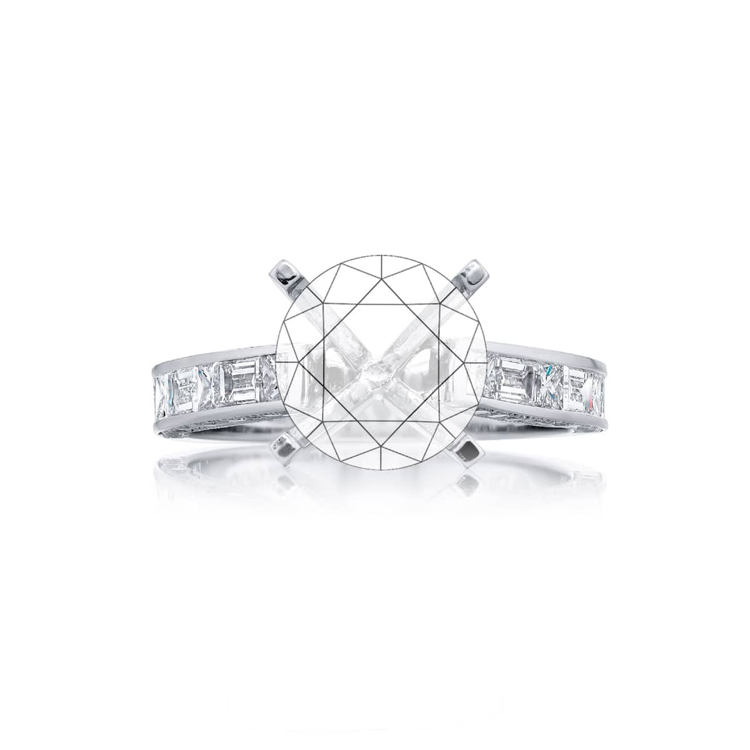 Dazzling Brilliance: Our stunning Diamond Semi-mount. These beautiful straight baguette and princess-cut diamonds are set in a channel set embraced by micro pave diamonds. All handcrafted in pure platinum.