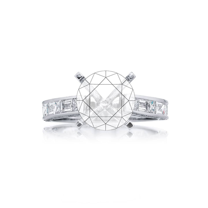 Dazzling Brilliance: Our stunning Diamond Semi-mount. These beautiful straight baguette and princess-cut diamonds are set in a channel set embraced by micro pave diamonds. All handcrafted in pure platinum.