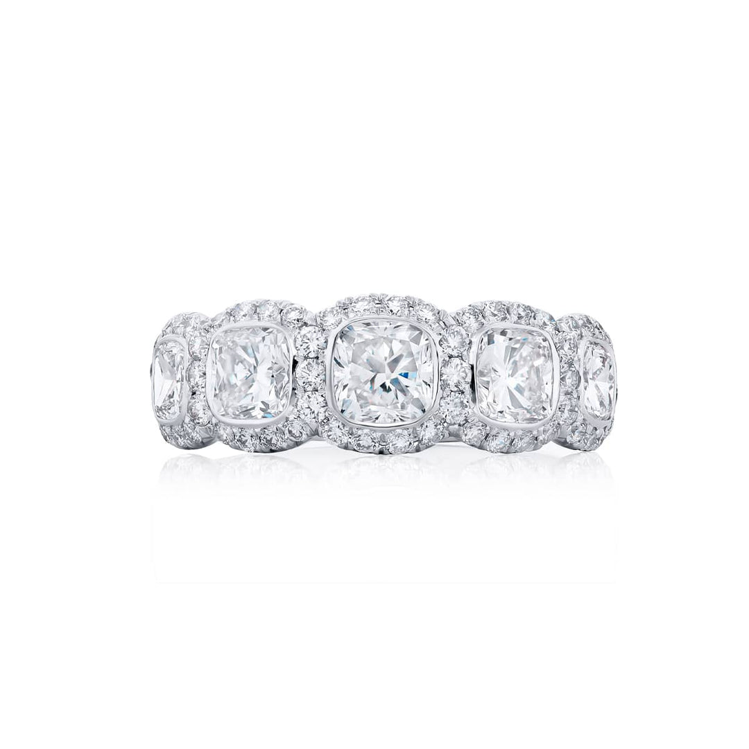 Platinum Cushion-Cut Diamond Single-Row Bezel Set Micro Pave Band