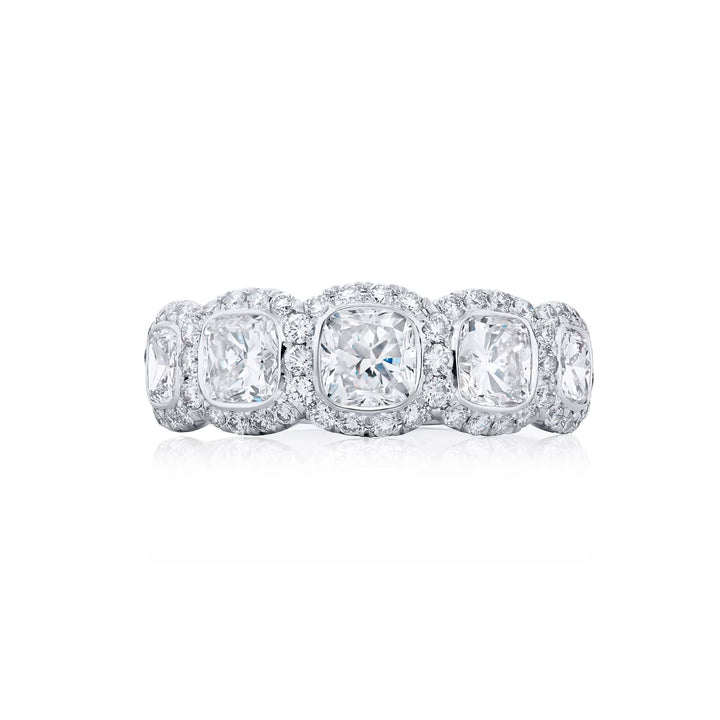 Platinum Cushion-Cut Diamond Single-Row Bezel Set Micro Pave Band