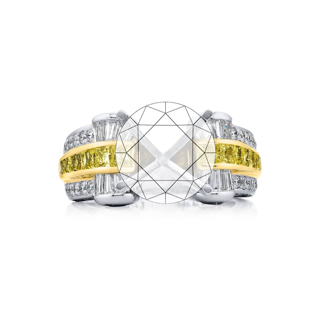 Dazzling Brilliance: Our timeless Diamond Semi-mount. These stunning princess-cut fancy yellow diamonds blended with tapered baguettes pear-shaped and micro pave diamonds are handcrafted in pure platinum and 18KY gold.